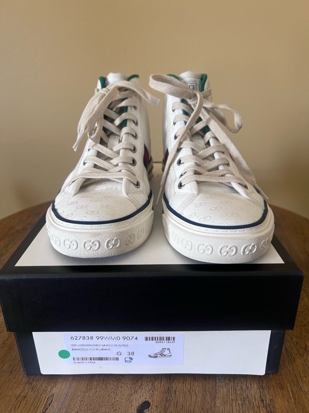 Gucci White High-Top Sneakers with Green and Red Web Stripe - Picture 3 of 8